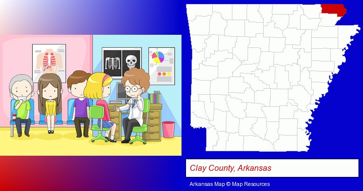 a clinic, showing a doctor and four patients; Clay County, Arkansas highlighted in red on a map