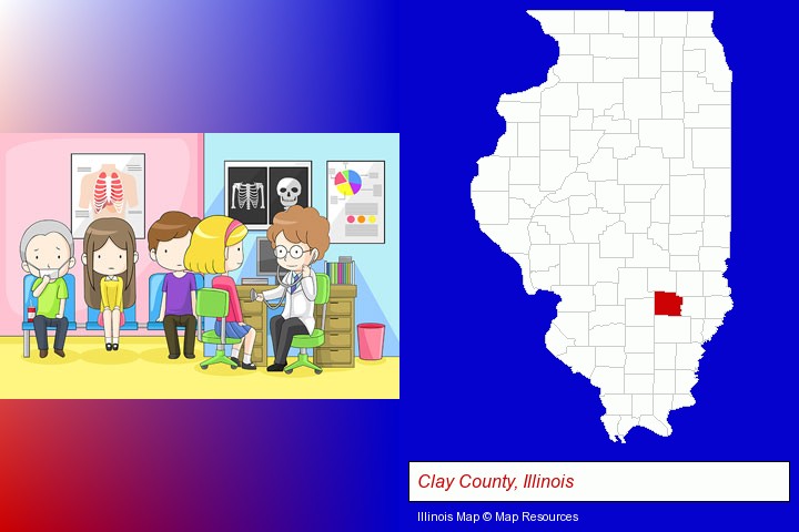 a clinic, showing a doctor and four patients; Clay County, Illinois highlighted in red on a map