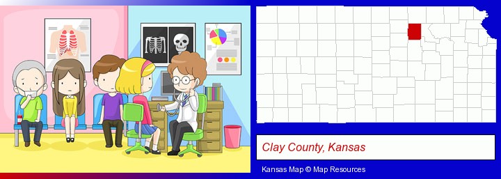 a clinic, showing a doctor and four patients; Clay County, Kansas highlighted in red on a map