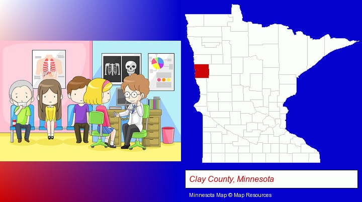 a clinic, showing a doctor and four patients; Clay County, Minnesota highlighted in red on a map
