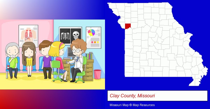 a clinic, showing a doctor and four patients; Clay County, Missouri highlighted in red on a map
