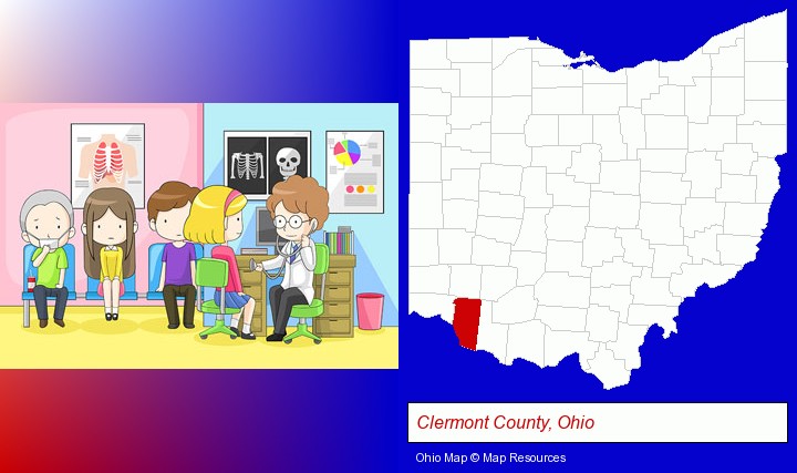 a clinic, showing a doctor and four patients; Clermont County, Ohio highlighted in red on a map