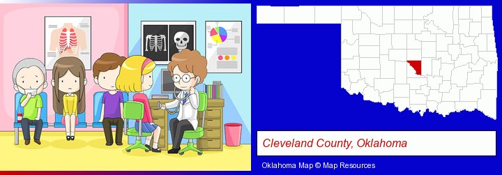 a clinic, showing a doctor and four patients; Cleveland County, Oklahoma highlighted in red on a map