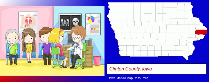 a clinic, showing a doctor and four patients; Clinton County, Iowa highlighted in red on a map