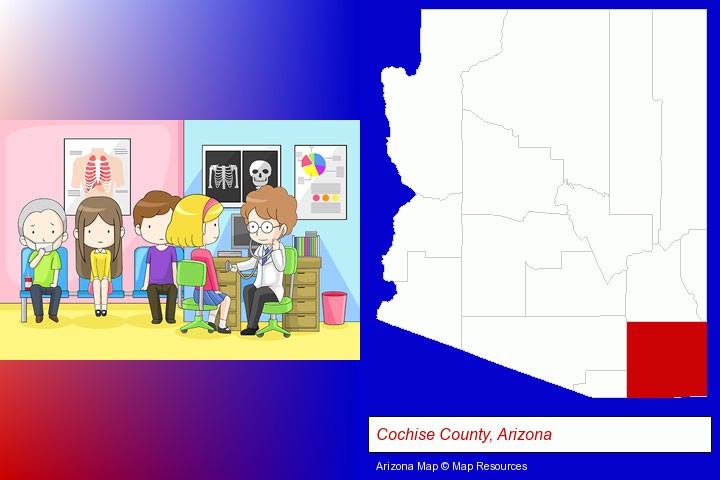 a clinic, showing a doctor and four patients; Cochise County, Arizona highlighted in red on a map