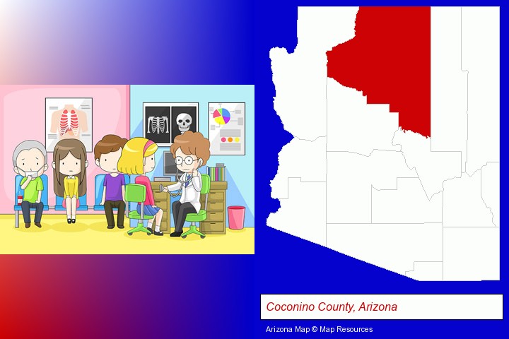 a clinic, showing a doctor and four patients; Coconino County, Arizona highlighted in red on a map