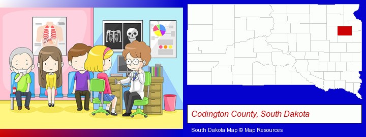 a clinic, showing a doctor and four patients; Codington County, South Dakota highlighted in red on a map