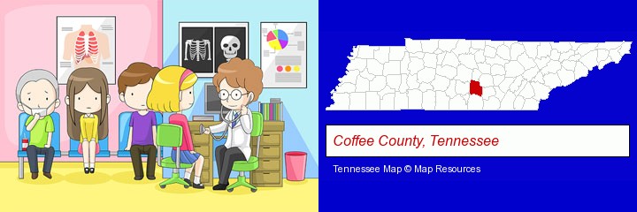 a clinic, showing a doctor and four patients; Coffee County, Tennessee highlighted in red on a map