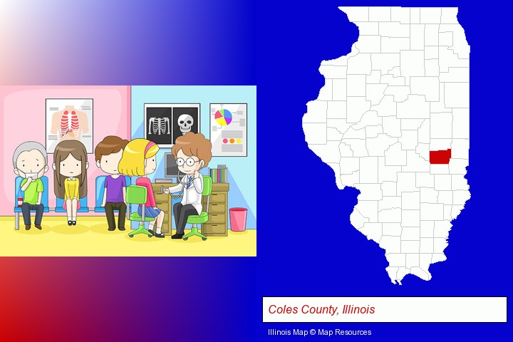 a clinic, showing a doctor and four patients; Coles County, Illinois highlighted in red on a map