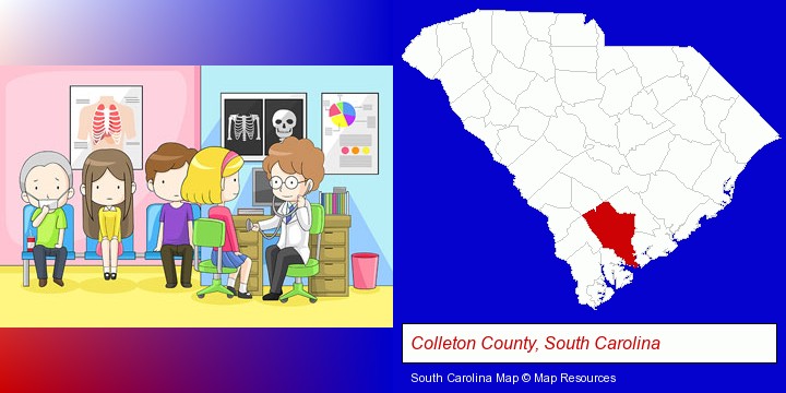 a clinic, showing a doctor and four patients; Colleton County, South Carolina highlighted in red on a map