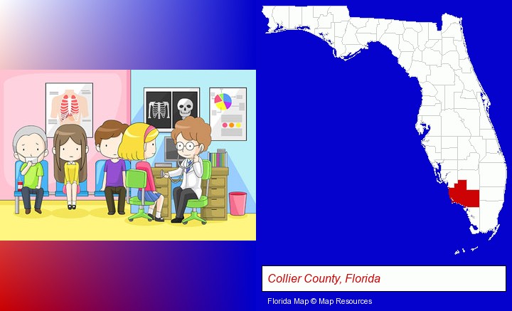 a clinic, showing a doctor and four patients; Collier County, Florida highlighted in red on a map