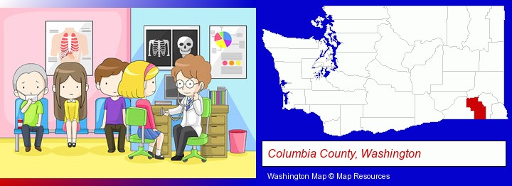 a clinic, showing a doctor and four patients; Columbia County, Washington highlighted in red on a map