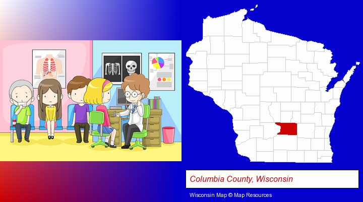a clinic, showing a doctor and four patients; Columbia County, Wisconsin highlighted in red on a map