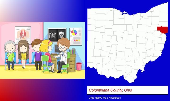 a clinic, showing a doctor and four patients; Columbiana County, Ohio highlighted in red on a map