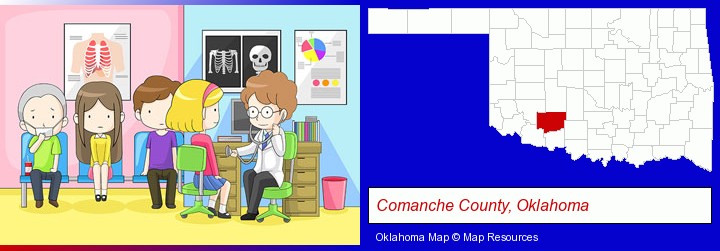 a clinic, showing a doctor and four patients; Comanche County, Oklahoma highlighted in red on a map