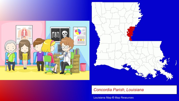 a clinic, showing a doctor and four patients; Concordia Parish, Louisiana highlighted in red on a map
