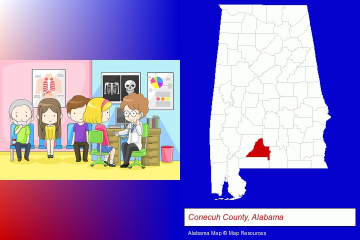 a clinic, showing a doctor and four patients; Conecuh County, Alabama highlighted in red on a map