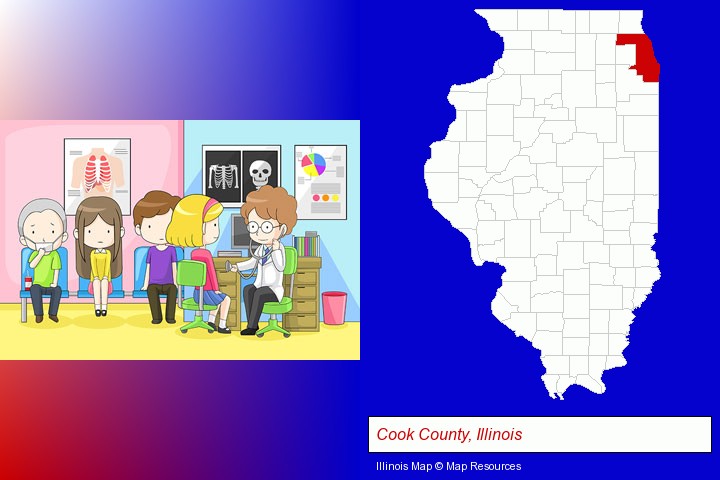 a clinic, showing a doctor and four patients; Cook County, Illinois highlighted in red on a map