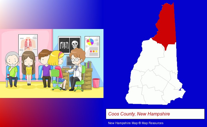a clinic, showing a doctor and four patients; Coos County, New Hampshire highlighted in red on a map
