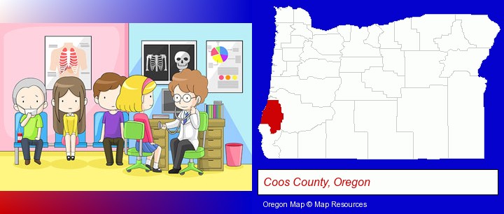 a clinic, showing a doctor and four patients; Coos County, Oregon highlighted in red on a map