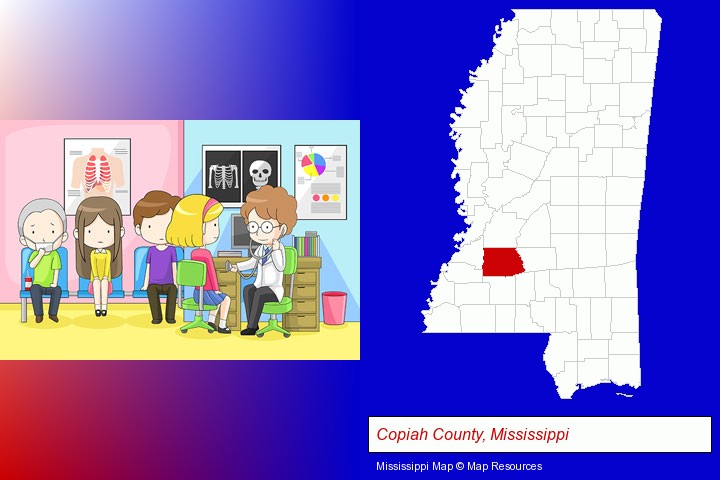 a clinic, showing a doctor and four patients; Copiah County, Mississippi highlighted in red on a map