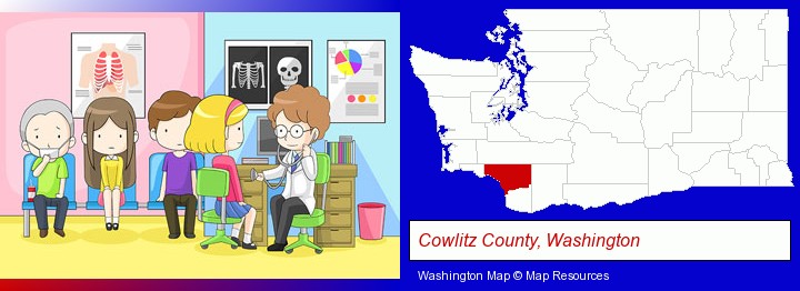 a clinic, showing a doctor and four patients; Cowlitz County, Washington highlighted in red on a map