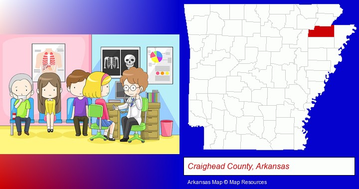 a clinic, showing a doctor and four patients; Craighead County, Arkansas highlighted in red on a map