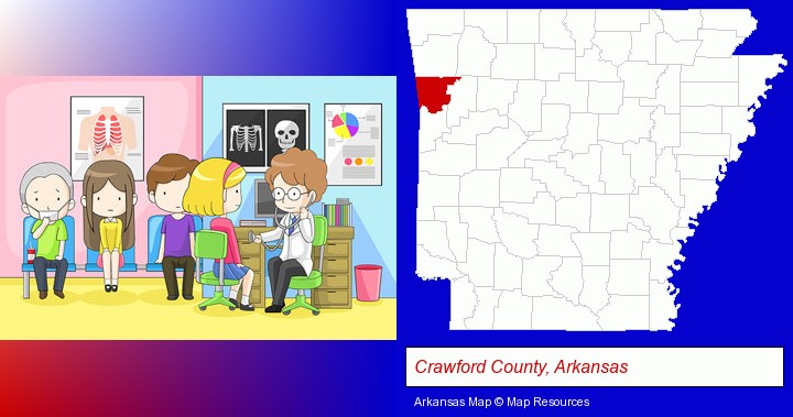 a clinic, showing a doctor and four patients; Crawford County, Arkansas highlighted in red on a map