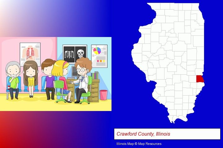 a clinic, showing a doctor and four patients; Crawford County, Illinois highlighted in red on a map