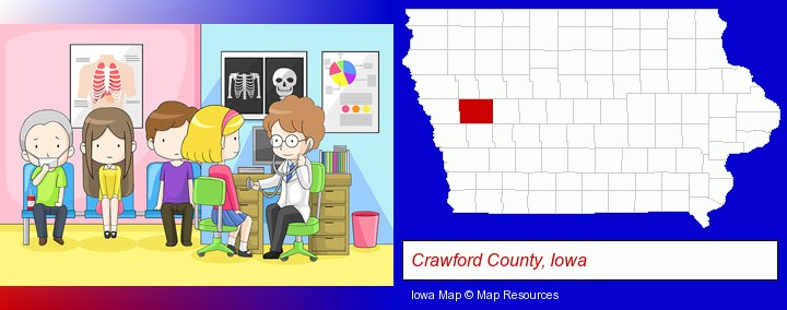 a clinic, showing a doctor and four patients; Crawford County, Iowa highlighted in red on a map