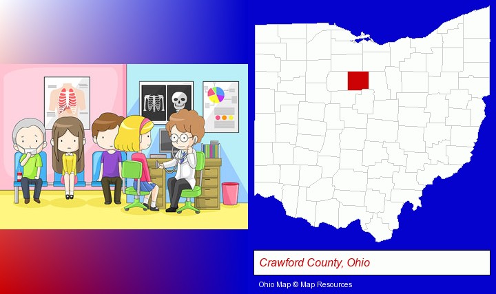 a clinic, showing a doctor and four patients; Crawford County, Ohio highlighted in red on a map