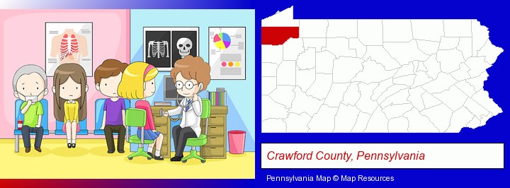a clinic, showing a doctor and four patients; Crawford County, Pennsylvania highlighted in red on a map