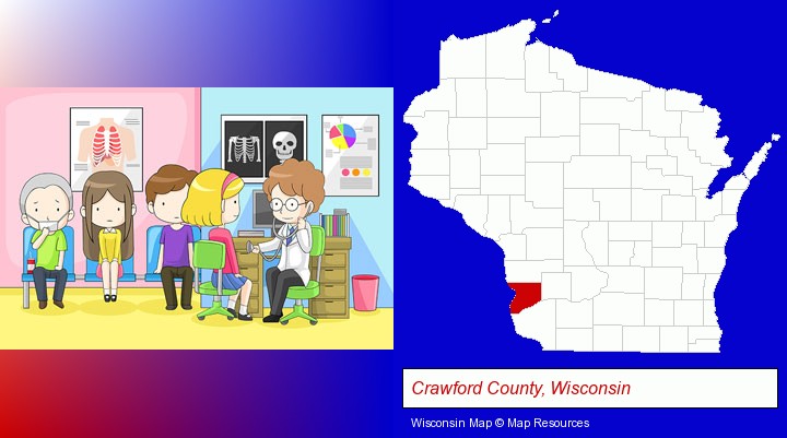 a clinic, showing a doctor and four patients; Crawford County, Wisconsin highlighted in red on a map