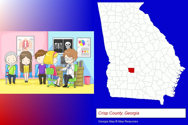 a clinic, showing a doctor and four patients; Crisp County, Georgia highlighted in red on a map