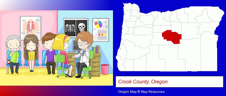 a clinic, showing a doctor and four patients; Crook County, Oregon highlighted in red on a map
