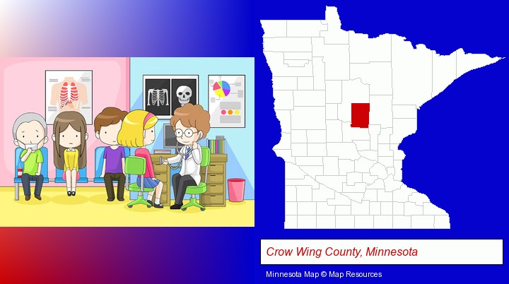 a clinic, showing a doctor and four patients; Crow Wing County, Minnesota highlighted in red on a map