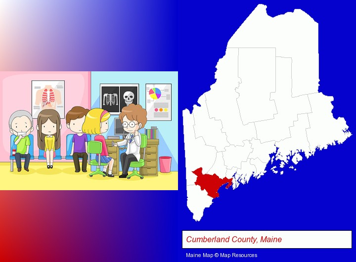 a clinic, showing a doctor and four patients; Cumberland County, Maine highlighted in red on a map