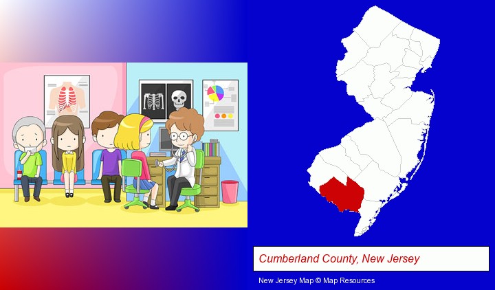 a clinic, showing a doctor and four patients; Cumberland County, New Jersey highlighted in red on a map
