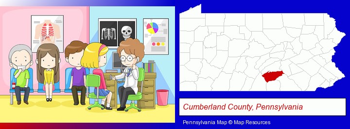 a clinic, showing a doctor and four patients; Cumberland County, Pennsylvania highlighted in red on a map