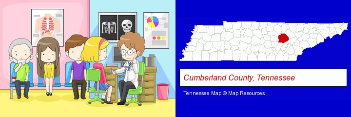a clinic, showing a doctor and four patients; Cumberland County, Tennessee highlighted in red on a map
