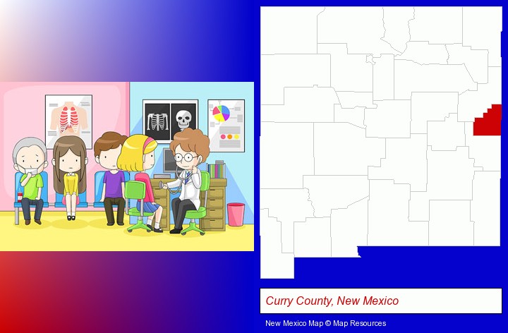 a clinic, showing a doctor and four patients; Curry County, New Mexico highlighted in red on a map