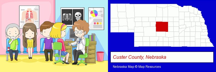 a clinic, showing a doctor and four patients; Custer County, Nebraska highlighted in red on a map