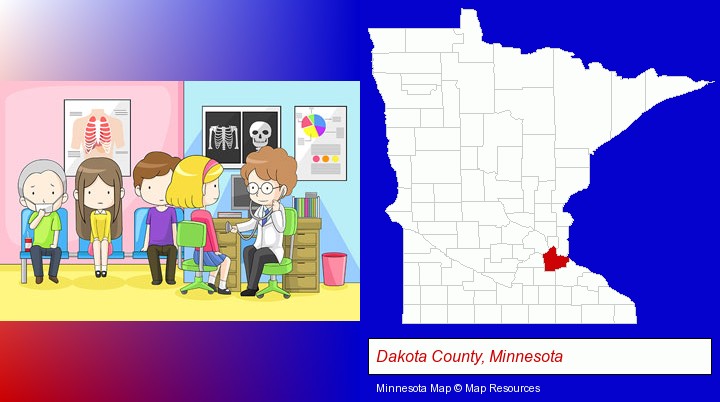 a clinic, showing a doctor and four patients; Dakota County, Minnesota highlighted in red on a map