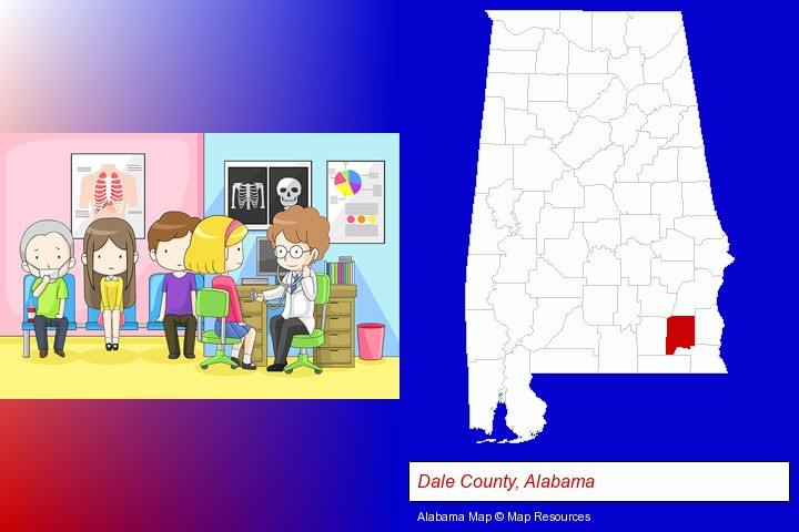 a clinic, showing a doctor and four patients; Dale County, Alabama highlighted in red on a map