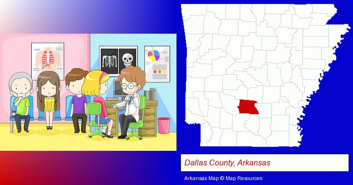 a clinic, showing a doctor and four patients; Dallas County, Arkansas highlighted in red on a map
