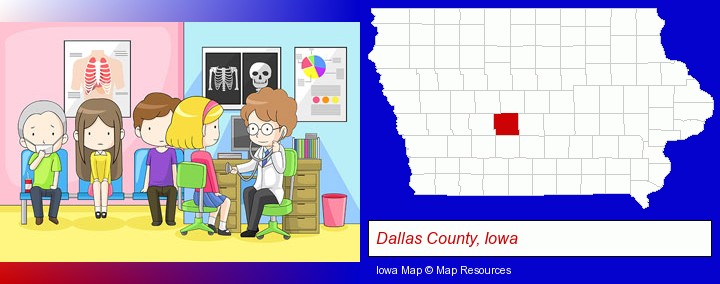 a clinic, showing a doctor and four patients; Dallas County, Iowa highlighted in red on a map
