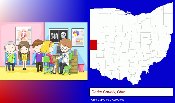 a clinic, showing a doctor and four patients; Darke County, Ohio highlighted in red on a map