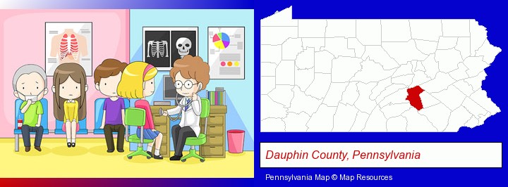 a clinic, showing a doctor and four patients; Dauphin County, Pennsylvania highlighted in red on a map