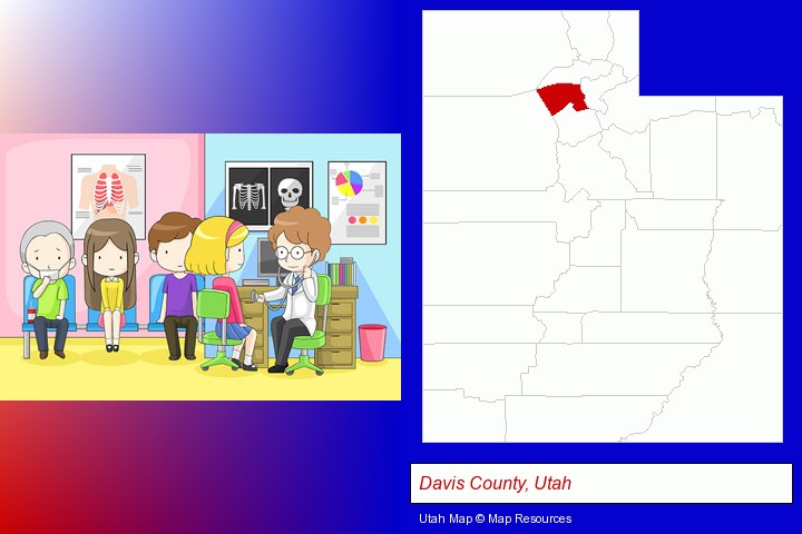 a clinic, showing a doctor and four patients; Davis County, Utah highlighted in red on a map