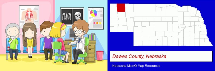 a clinic, showing a doctor and four patients; Dawes County, Nebraska highlighted in red on a map